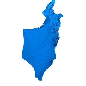 Zara Blue Ruffled One-Shoulder Bodysuit